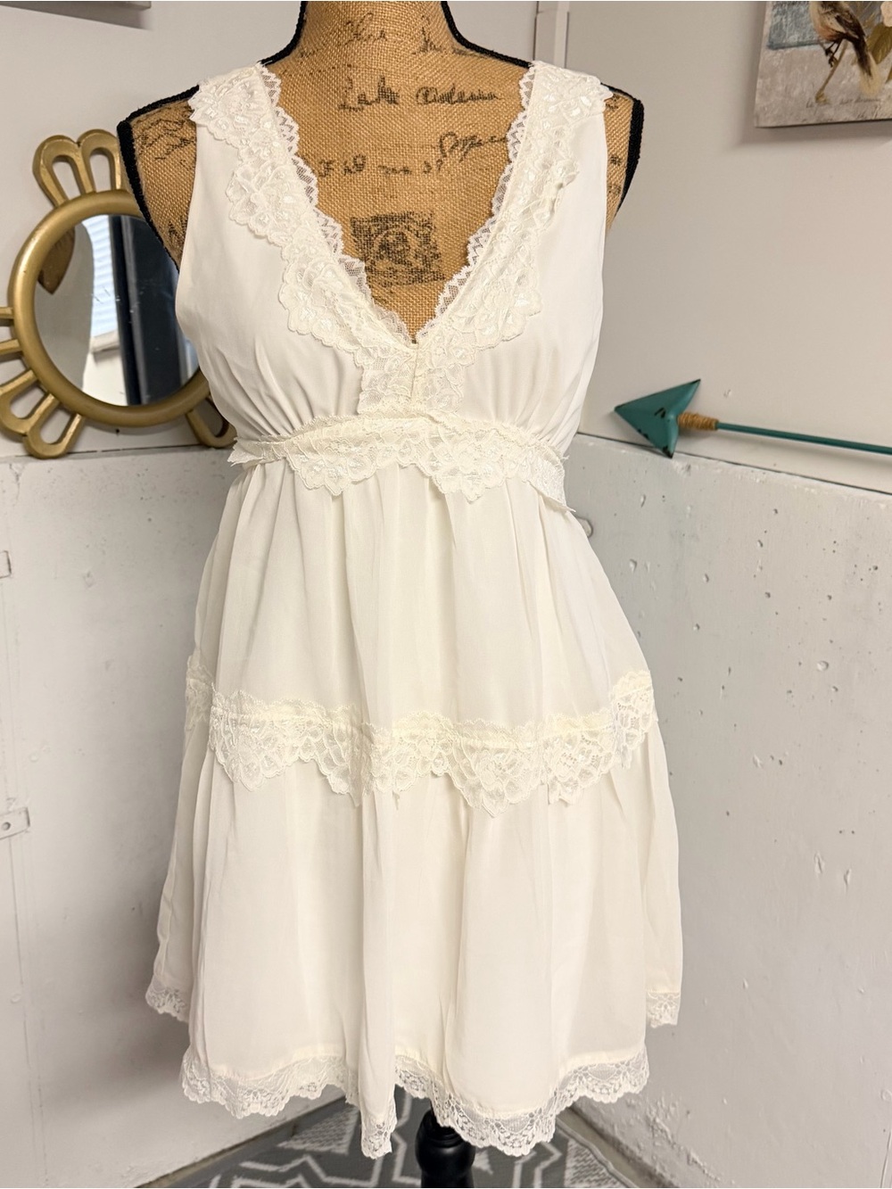 Altar'd State Cream Lace-Trim Tiered Mini Dress